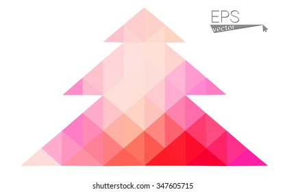 Pink, yellow low poly style christmas tree vector illustration consisting of triangles. Abstract triangular poly origami or crystal design of New Years celebration. Isolated on white background