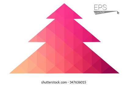 Pink, yellow low poly style christmas tree vector illustration consisting of triangles. Abstract triangular poly origami or crystal design of New Years celebration. Isolated on white background