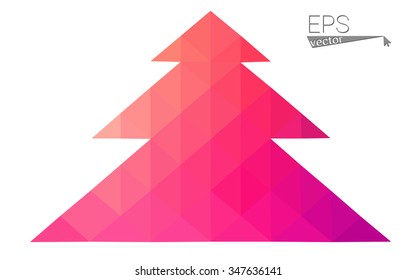 Pink, yellow low poly style christmas tree vector illustration consisting of triangles. Abstract triangular poly origami or crystal design of New Years celebration. Isolated on white background