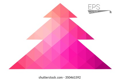 Pink, yellow low poly style christmas tree vector illustration consisting of triangles. Abstract triangular poly origami or crystal design of New Years celebration. Isolated on white background