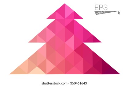 Pink, yellow low poly style christmas tree vector illustration consisting of triangles. Abstract triangular poly origami or crystal design of New Years celebration. Isolated on white background