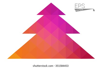 Pink, yellow low poly style christmas tree vector illustration consisting of triangles. Abstract triangular poly origami or crystal design of New Years celebration. Isolated on white background