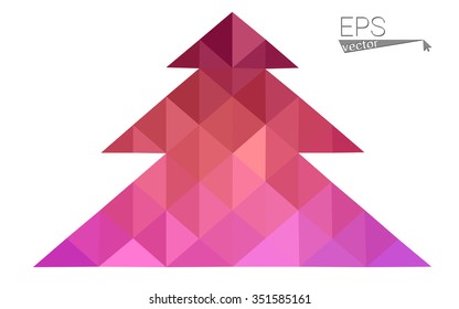 Pink, yellow low poly style christmas tree vector illustration consisting of triangles. Abstract triangular poly origami or crystal design of New Years celebration. Isolated on white background