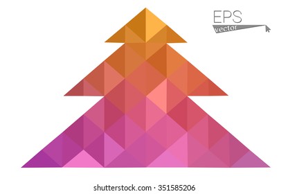 Pink, yellow low poly style christmas tree vector illustration consisting of triangles. Abstract triangular poly origami or crystal design of New Years celebration. Isolated on white background