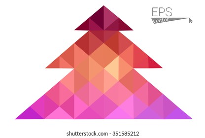 Pink, yellow low poly style christmas tree vector illustration consisting of triangles. Abstract triangular poly origami or crystal design of New Years celebration. Isolated on white background