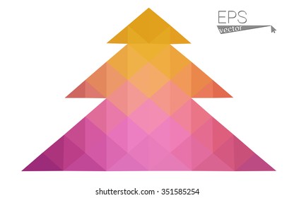 Pink, yellow low poly style christmas tree vector illustration consisting of triangles. Abstract triangular poly origami or crystal design of New Years celebration. Isolated on white background