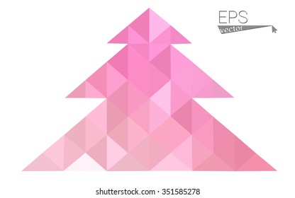 Pink, yellow low poly style christmas tree vector illustration consisting of triangles. Abstract triangular poly origami or crystal design of New Years celebration. Isolated on white background