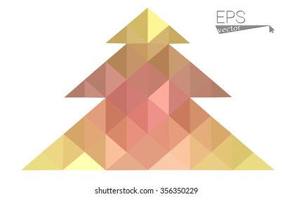 Pink, yellow low poly style christmas tree vector illustration consisting of triangles. Abstract triangular poly origami or crystal design of New Years celebration. Isolated on white background