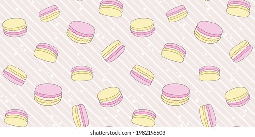 Pink and yellow macaroons on a beige striped background with small stars. Endless texture with French sweet pastries. Vector seamless pattern for bakery, pastry shop, confectionery and wrapping paper