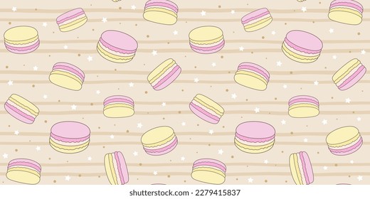 Pink and yellow macaroons on a beige striped background with small stars and dots. Endless texture with French sweet pastries. Vector seamless pattern for bakery, pastry shop, confectionery and print