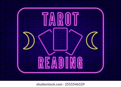 Pink and Yellow Neon Tarot Reading header, sticker. Cards and Moon phase on Brick Wall background vector illustration