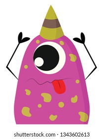 Pink and yellow one-eyed party monster with a party hat and toung out vector illustration on white background 