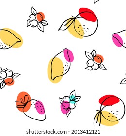 Rosa und Gelb Orange und Berry Vector White Seamless Muster. Sketch Lemon und Erdbeeren Textur. Blau-roter Apfel und Pfirsichfarben-Tapete.