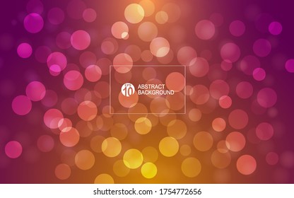 Pink and yellow orange bokeh lights background. Blurred bright abstract bokeh on light background. Holiday glowing white lights with sparkles. Festive defocused lights. Vector illustration