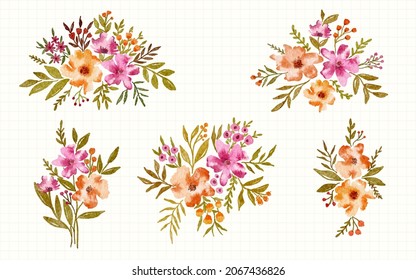 Pink Yellow Orange Floral Arrangement Watercolor Hand Drawn Collection