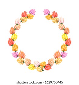 Pink, yellow, orange and red spring flowers in wreath on white isolated background.