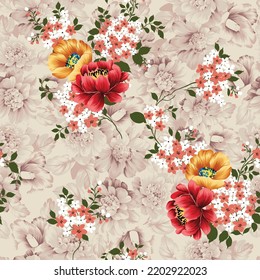 pink yellow orange and white vector stock flowers with green leaves pattern on cream background