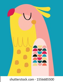 A pink and yellow parrot with geometric shapes on turquoise background
