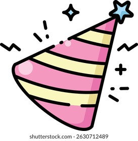 Pink and yellow party hat icon perfect for birthday celebrations, festive events, party decorations, and fun costume accessories for all ages.