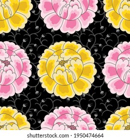 Pink And Yellow Peonies On Black Filigree Background Vector Seamless Pattern