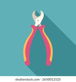 Pink and yellow pliers casting long shadow on turquoise background