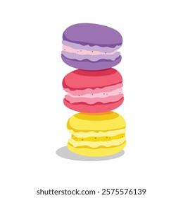 Pink, yellow and purple macarons French pastry dessert isolated on white background. Lemon, strawberry and blueberry macaron cakes. Vector illustration