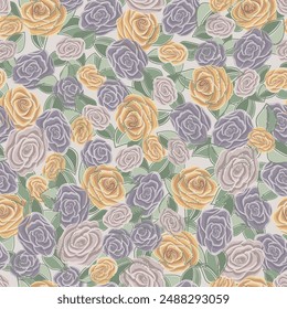 Pink, Yellow, and Purple Roses Packed onto a Pale Background creating a seamless pattern print background