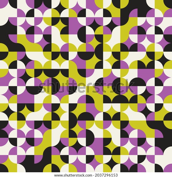 Pink and yellow quarters pattern. Vector seamless\
quarters of circle geometric sample. Mosaic decor circles divided\
by four.