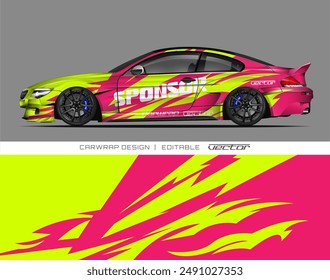 Pink and yellow race car with sponsor decals. Ideal for sports events, automotive advertising, and childrens products. Exciting and vibrant design.