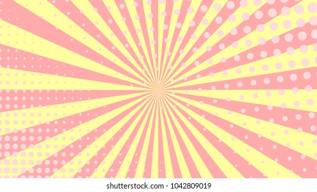 Pink yellow rays with gradient halftone. Soft colors background. Sun rays poster. Sunbeams. Pop Art Background. Retro Background. Comic star burst rays. Vintage abstract background rays. Vector EPS10