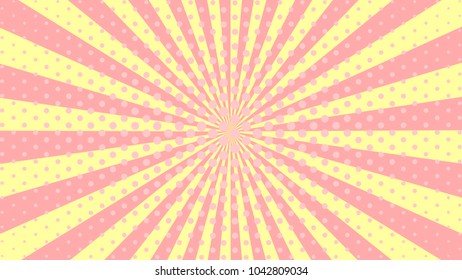 Pink yellow rays with gradient halftone. Soft colors background. Sun rays poster. Sunbeams. Pop Art Background. Retro Background. Comic star burst rays. Vintage abstract background rays. Vector EPS10