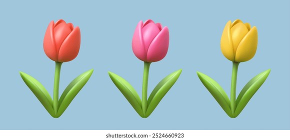 Tulipas rosa, amarela e vermelha em estilo cartoon plasticina. Decorações de primavera. Ilustração de vetor realista