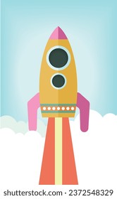 Pink and yellow rocket flying into sky icon 