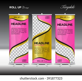 Pink and yellow Roll Up Banner template vector illustration, stand template, display, advertisement, flyer design, polygon background