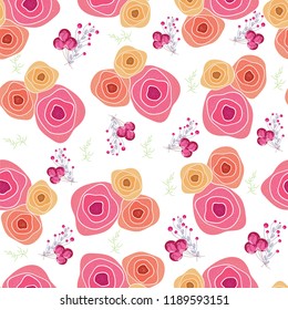 Pink and yellow rose flower decorated seamless pattern background in flat style.