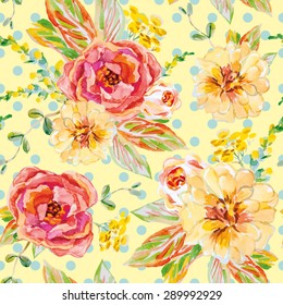Pink and yellow roses with floral elements on the light yellow polka dot background.
Watercolor seamless pattern with flowers. Shabby chic.