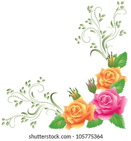 Pink and yellow roses with green floral ornament