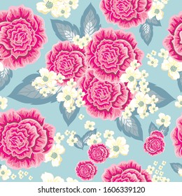 pink and yellow seamless flowers pattern. Delicate petals and vibrant blossoms create an artistic and vintage botanical illustration. Perfect for wallpaper, fabric, wrapping paper and more.