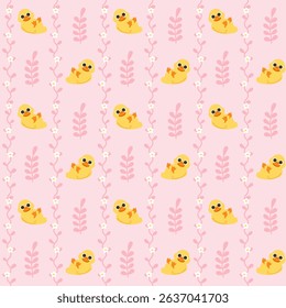 Pink Yellow Seamless Pattern with Ducks and Flowers Background.Cute Animal Repeat Design for Kids and Fabric
