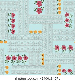 pink and yellow seamless vector small flowers with cream geometrical bandanna pattern on background