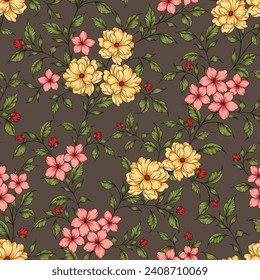 pink and yellow seamless vector stock flowers with green leaves pattern on brown background