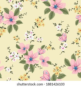 pink and yellow small vector flowers green leaves pattern on yellow background