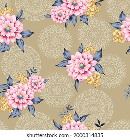 pink and yellow small vector flowers with leaves bunches pattern on seamless circle cream background