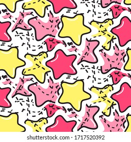 Pink, yellow stars pattern. Seamless winter pattern on paper texture. 