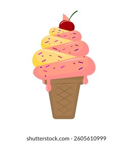Pink and yellow swirled ice cream in a waffle cone, topped with colorful sprinkles and a red cherry