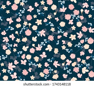 Pink and yellow tiny flowers on dark blue background, vector botanical seamless backdrop, floral pattern