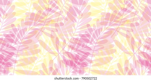 Pink and yellow tropical seamless pattern vector illustration for card, invitation, poster, header. Summer exotic forest leaves motif for surface design, fabric, wrapping paper. Endless background. 