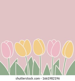 Pink and yellow tulips with light outlines on a pastel pink background