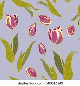 Pink and yellow tulips seamless pattern. Vector illustration on lila background