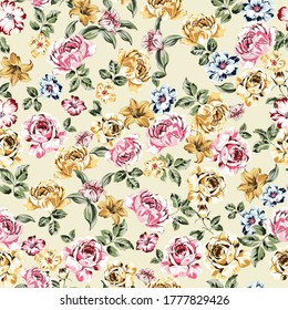 Pink And Yellow Vector Flowers With Green Leaves Pattern On Background
